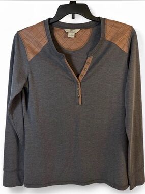 Bob Timberlake Men’s Charcoal V-Neck Sweater/Brown Quilted Shoulder Accents, L